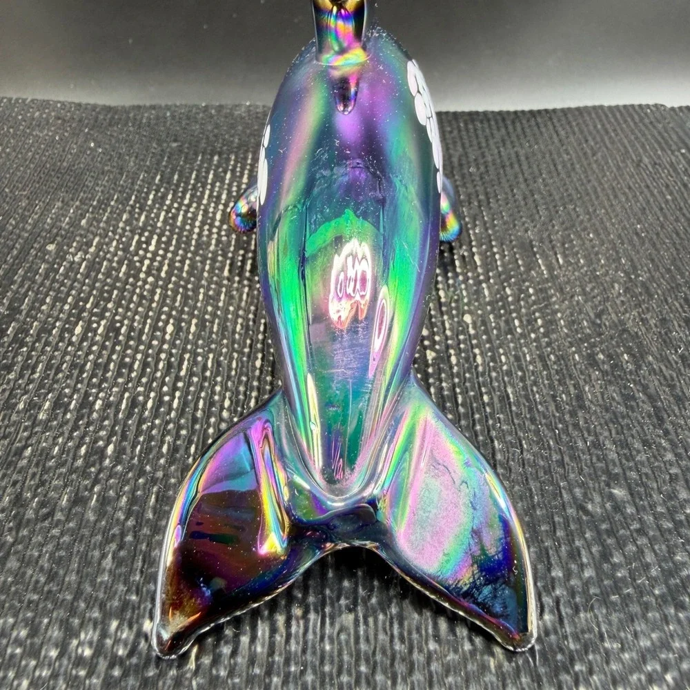 Pele of Hawaii Glass Iridescent Dolphin Figurine Carnival Glass White Spotted